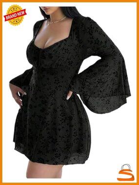 Plus Size Floral Gothic Dress Long Sleeve Mesh A-Line Grunge